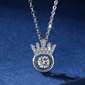 Sparkling S925 sterling silver crown necklace with a dancing heart diamond pendant