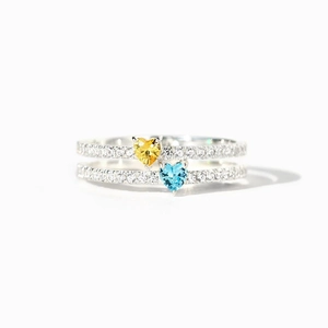 S925 sterling silver ring featuring double heart-shaped yellow and blue birthstones