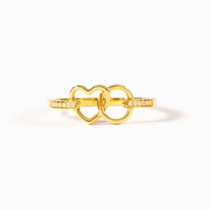 Polished S925 sterling silver golden ring with interlocking heart, circle and zircons