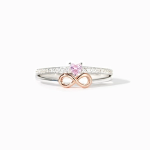 S925 sterling silver heart ring with pink gemstone and rose gold infinity symbol