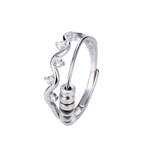 S925 Sterling Silver Wavy Fidget Ring with Zirconia and Sliding Beads for Women