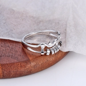S925 sterling silver wave ring with moving beads and sparkling cubic zirconia stones