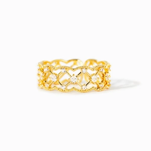 Bague en argent s925 avec maille évidée, plaqué or et pierres en zircone brillantes
