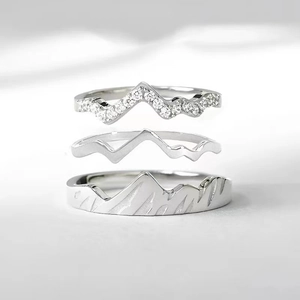 Three-piece S925 sterling silver ring set featuring zircon-paved mountain peaks