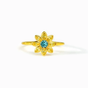 Elegant sun flower s925 silver ring with blue center stone and yellow petals on white background