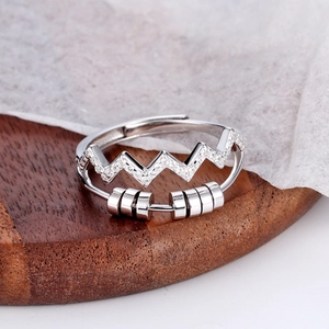 Bague d'Anxiété en Argent Sterling 925 pour Femmes Battement de Cœur Bague Ouverte Réglable Avec Perles Rotatives Bague Spinner Strass Bijoux