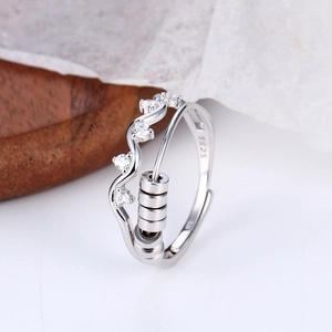 S925 sterling silver anti-anxiety ring with wave band, zircon stones and rotatable beads