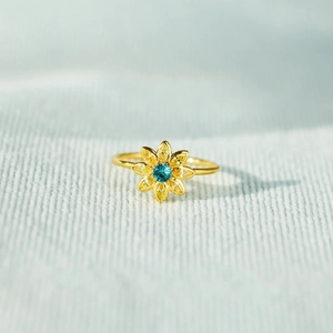 925 Sterling Silver Sunflower Ring For Women Gold Platinum Plated Blue Yellow Rhinestone Floral Adjustable Finger Ring Jewelry