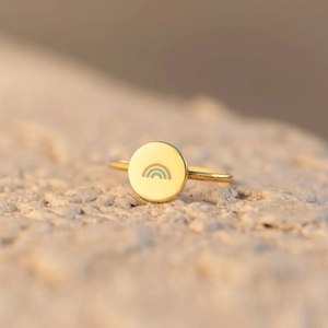 Bague en Argent Sterling S925 Émail Arc-en-ciel pour Femme Plaquée Or Disque Rond Minimaliste Géométrique Bijoux Cadeau