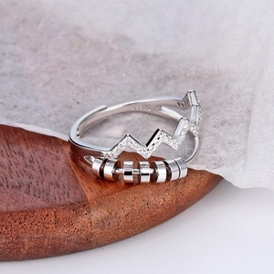 Bague en argent sterling S925 avec perles rotatives et ligne ondulée sertie de zircons