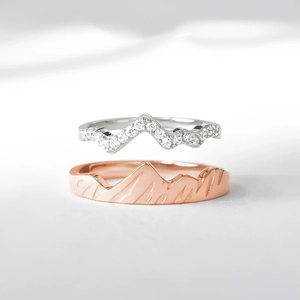 Stacked S925 sterling silver mountain rings with zircon inlay and rose gold finish