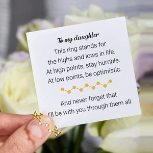 Détail de la bague vague dorée avec oxydes de zirconium sur carte cadeau et fleurs