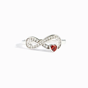 S925 sterling silver infinity ring with sparkling diamonds and a red heart-shaped gemstone