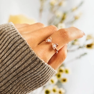 Bague double cœur en argent S925 doré rose ornée de pierres de zircone cubiques