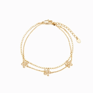 Bracelet double couche en argent S925 doré avec des fleurs serties de zircons brillants