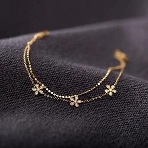 Bracelet Double Couche en Argent Sterling S925 Forme de Fleur pour Femme Plaqué Or Strass Élégante Chaîne Réglable Bijoux