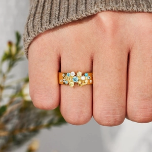 Bague large en argent sterling S925 doré avec grappe de zircons colorés pour femme