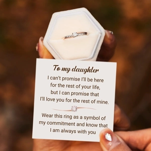 Close-up of S925 sterling silver double row diamond ring in a gift box with message card