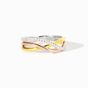 Bague entrelacée tricolore en argent S925 avec anneaux entrelacés et zircons scintillants