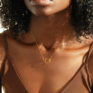 Minimalist S925 sterling silver interlocking circle and square pendant necklace on model