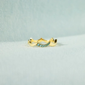 925 Sterling Silver Wave Crown Ring Gold Plated Light Blue Rhinestone Minimalist Trendy Statement Finger Ring Jewelry For Women