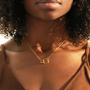 Elegant s925 sterling silver interlocking circle and rectangle necklace on female model