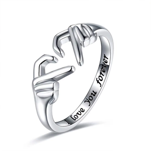 Bague en argent S925 avec geste de main en cœur et gravure I love You forever