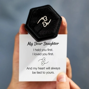 Silver double heart ring in black velvet gift box with sentimental message card