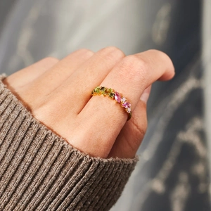 S925 sterling silver gold ring featuring colorful marquise and round cut gemstones
