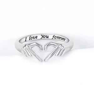 Bague Ouverte Réglable en Argent Sterling 925 Mains Embrassant Cœur pour Femme Gravée I Love You Forever Bijoux