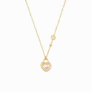 Collier Pendentif Serrure Coeur Et Clé en Argent Sterling 925 Plaque Or Zirconia Bijoux Pour Femmes
