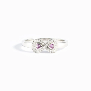 S925 sterling silver infinity ring with double pink heart stones and zircon accents