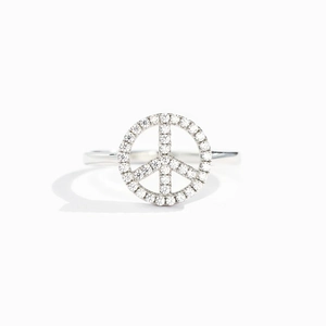 Minimalist S925 sterling silver ring featuring a sparkling cubic zirconia peace sign