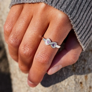 S925 sterling silver infinity ring with double heart purple gemstones and white zircons