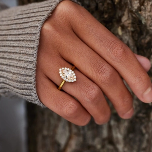 Detailed close-up of a marquise-cut champagne gemstone ring on a finger