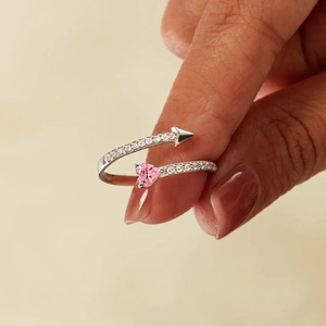 S925 sterling silver adjustable ring with pink heart stone and arrow design