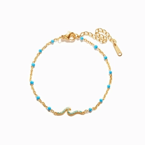 925 Sterling Silver Sea Wave Bracelet Blue Enamel Rhinestone Adjustable Gold Chain Ocean Style Women Fashion Jewelry Bracelet