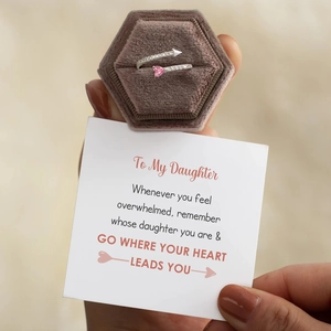 S925 sterling silver arrow ring with pink heart stone and velvet gift jewelry box