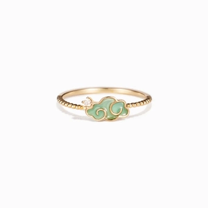 S925 sterling silver auspicious cloud ring with green enamel and bead texture band