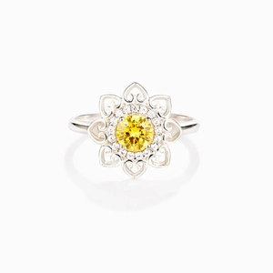 S925 sterling silver heart mandala flower ring with a bright yellow round gemstone