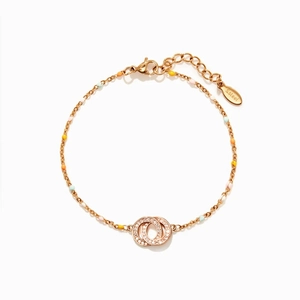 S925 Sterling Silver Interlocking Double Ring Bracelet For Women Colorful Enamel Rhinestone Adjustable Link Chain Jewelry
