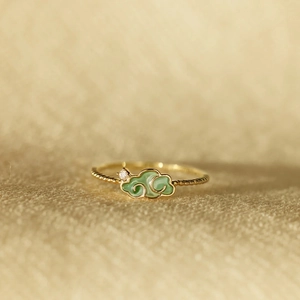 S925 Sterling Silver Green Enamel Auspicious Cloud Ring For Women Vintage Chinese Style Gold Plated Rhinestone Jewelry Gift