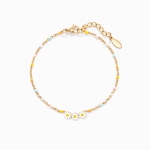 S925 sterling silver gold chain bracelet with white daisies and colorful enamel beads