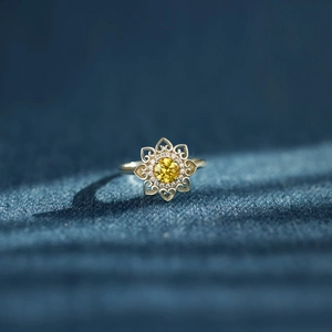 S925 Sterling Silver Ring For Women Heart Mandala Sunflower Yellow Rhinestone Hollow Flower Finger Ring Jewelry Gift
