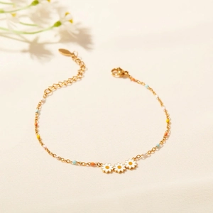 S925 Sterling Silver Daisy Flower Enamel Bracelet For Women Gold Plated Chain Colorful Beads Adjustable Jewelry Accessory