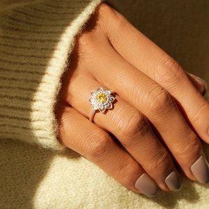 S925 sterling silver mandala sunflower ring with yellow gemstone and halo petals