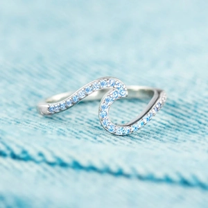S925 Sterling Silver Wave Ring Minimalist Ocean Ripple Design Blue White Zirconia Inlaid Adjustable Finger Ring For Women