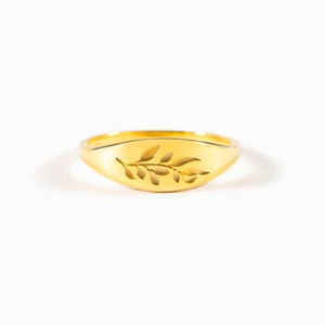 Minimalist gold S925 sterling silver signet ring with engraved olive leaf pattern
