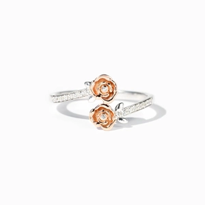 Bague élégante en argent 925 avec deux roses bicolores et anneau serti de diamants