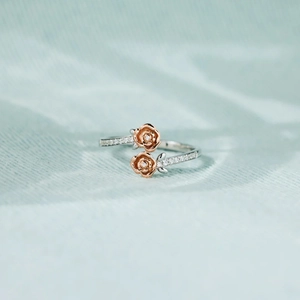 Bague Fleur de Rose Bicolore en Argent Sterling S925 pour Femme Élégante Double Rose Avec Strass Bague Bijoux de Mode